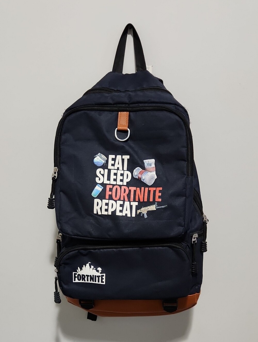 Fortnite Navy Blue Nylon Gaming School Backpack Brown Satin Lining Faux Leather